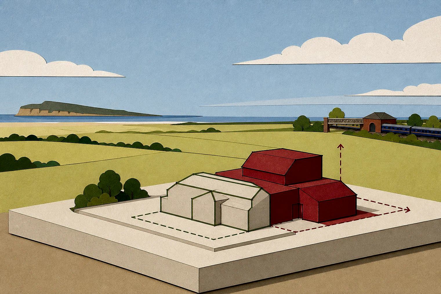 Cut-paper illustration of an imaginary building scale and Green Belt openness planning issue in Wirral, with simplified local landmarks.