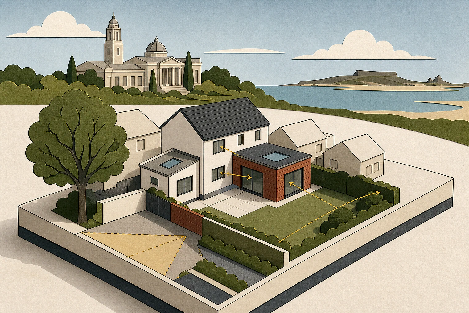 Cut-paper planning illustration for Wirral, showing extensions, neighbours, access and open land near simplified local landmarks.