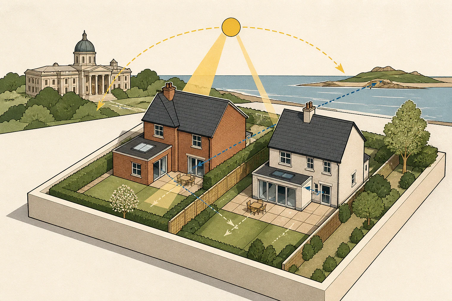 Cut-paper illustration of an imaginary privacy, daylight and neighbour living conditions planning issue in Wirral, with simplified local landmarks.