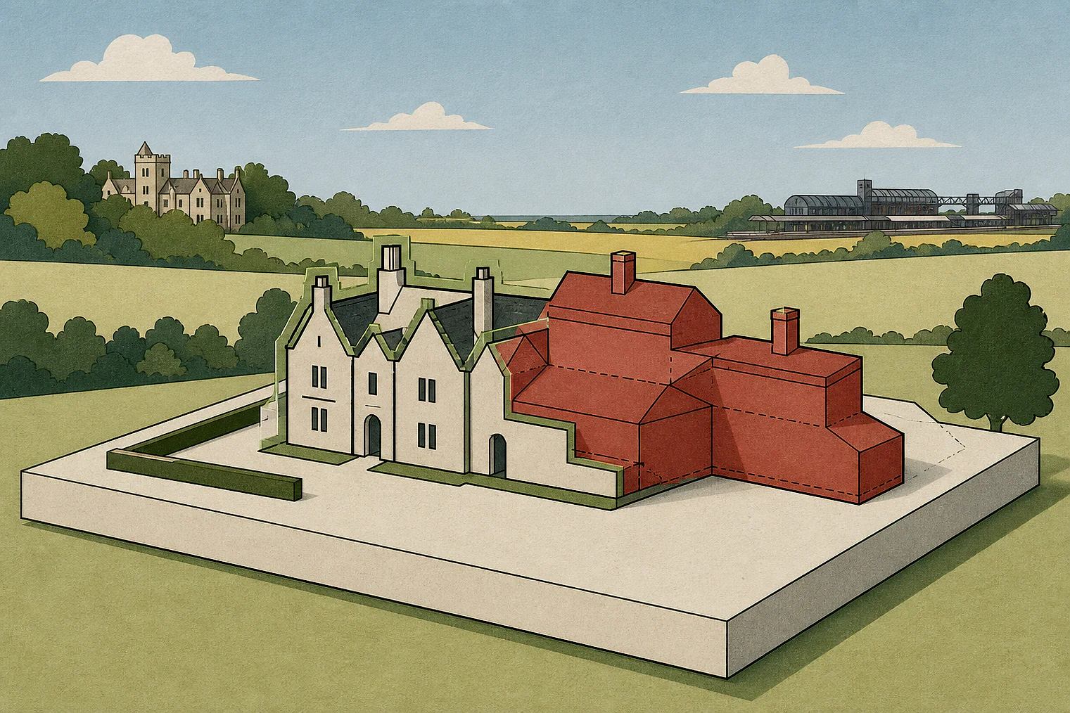 Cut-paper illustration of an imaginary building scale and Green Belt openness planning issue in Woking, with simplified local landmarks.