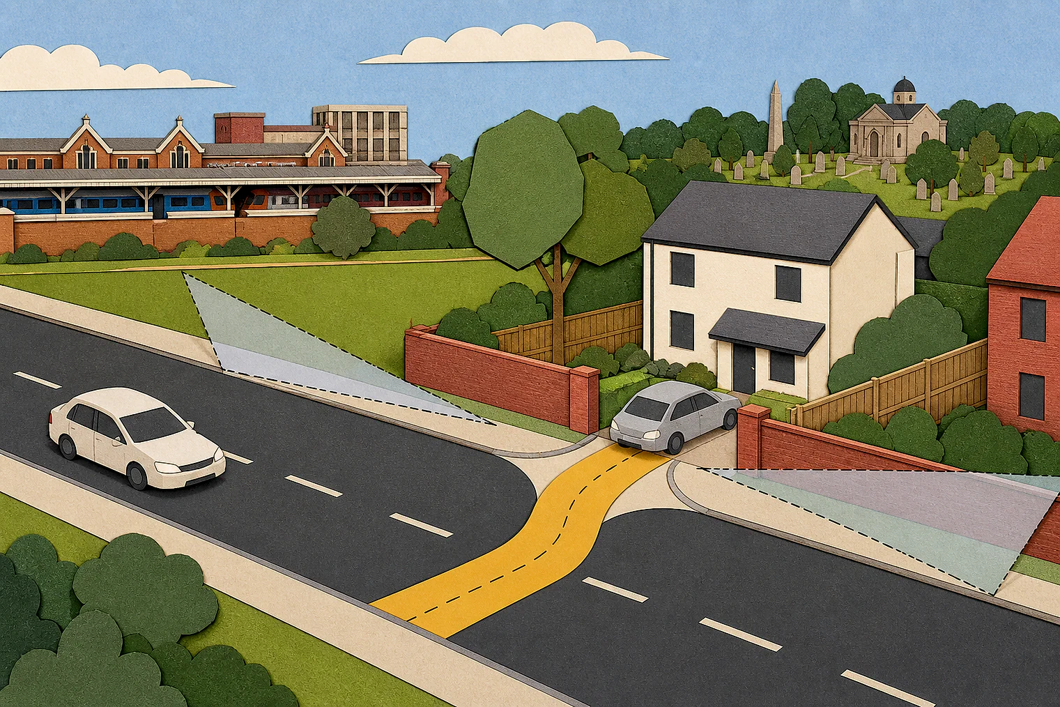 Cut-paper illustration of an imaginary access, visibility and highway safety planning issue in Woking, with simplified local landmarks.