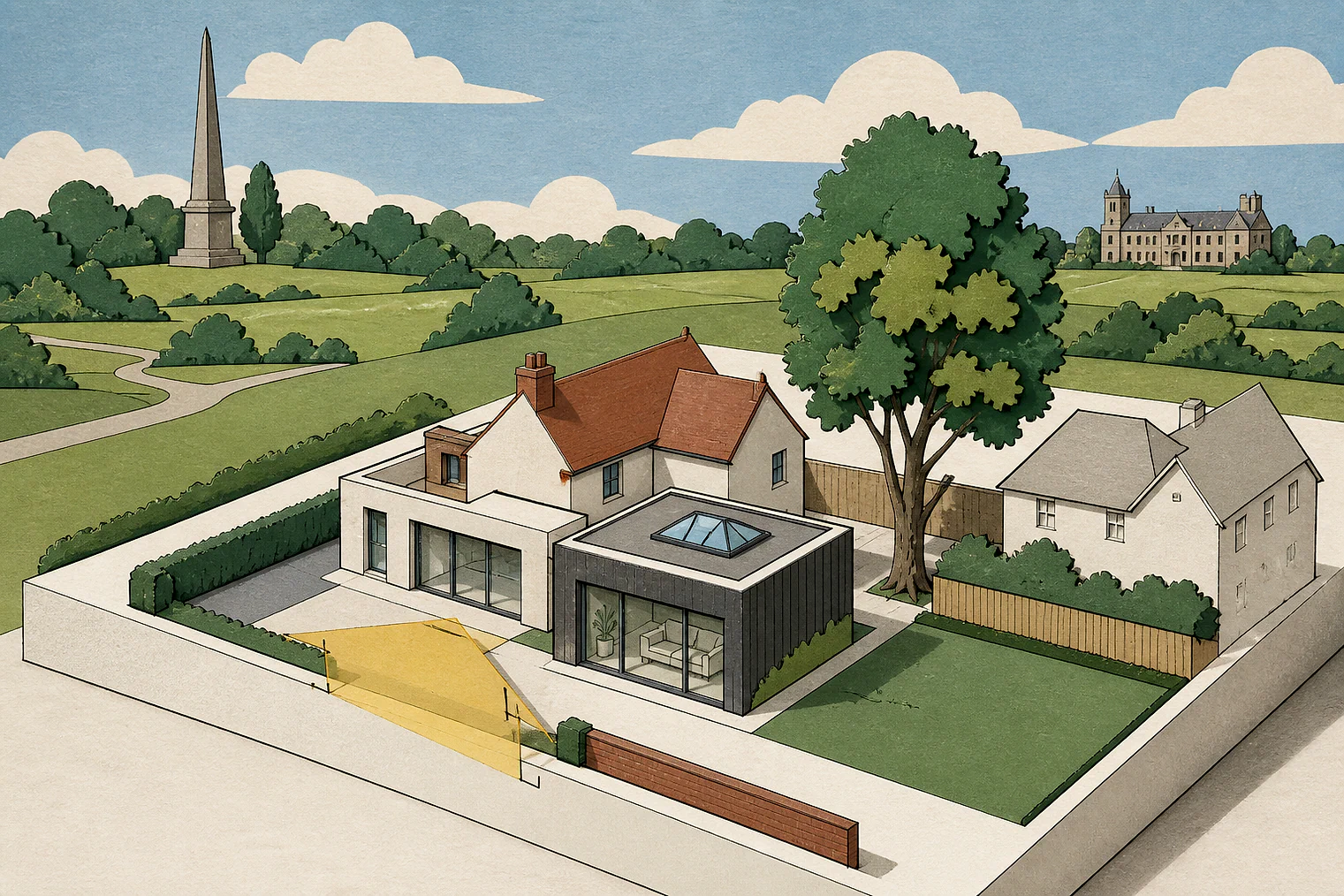 Cut-paper planning illustration for Woking, showing extensions, neighbours, access and open land near simplified local landmarks.