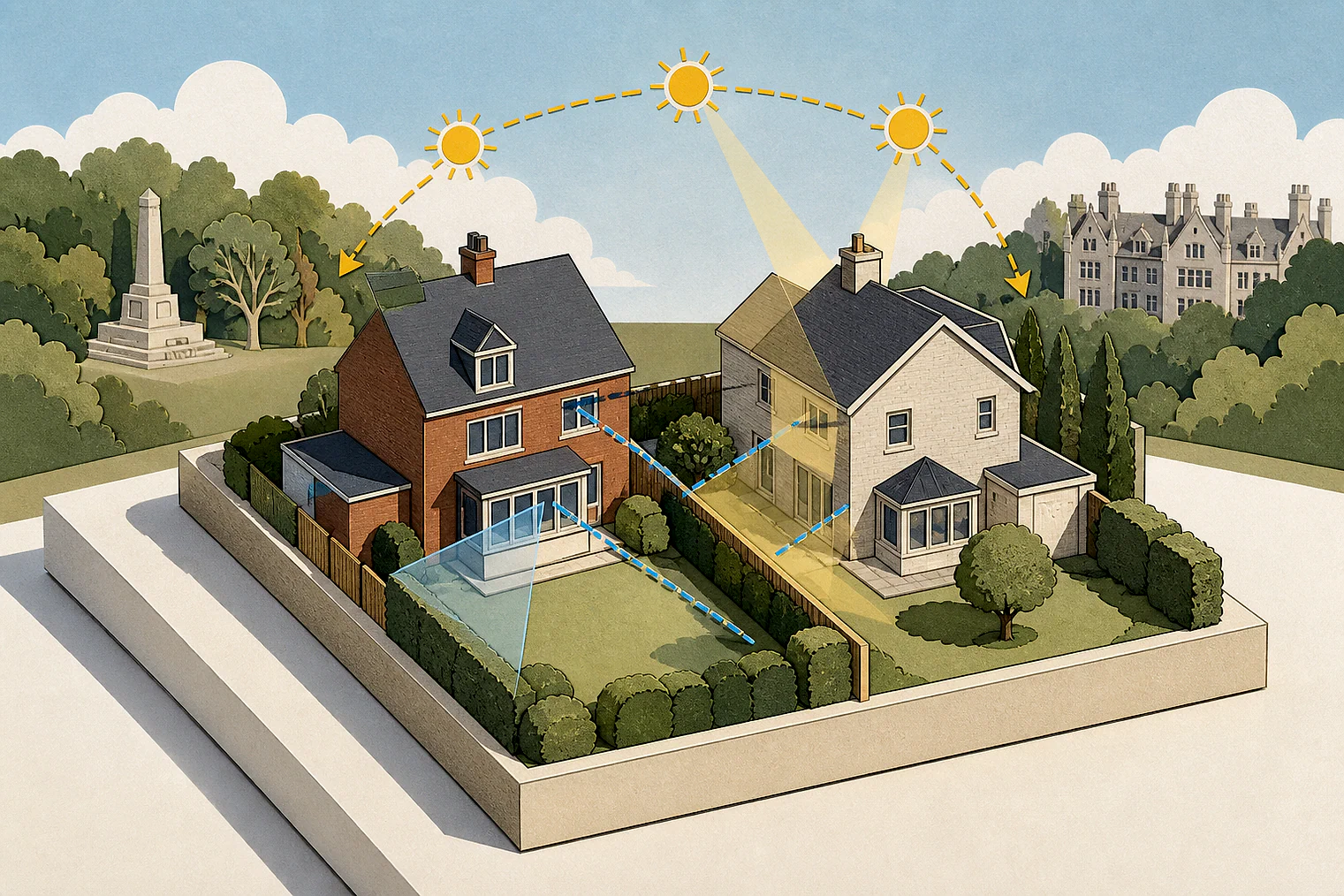 Cut-paper illustration of an imaginary privacy, daylight and neighbour living conditions planning issue in Woking, with simplified local landmarks.