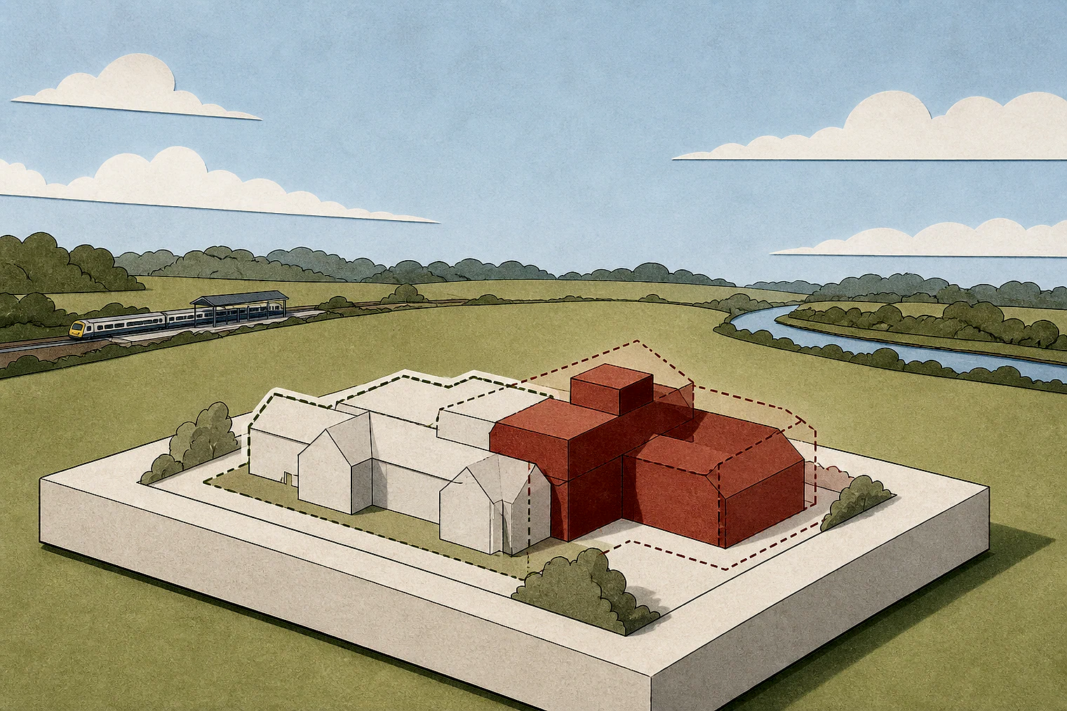 Cut-paper illustration of an imaginary building scale and Green Belt openness planning issue in Wokingham, with simplified local landmarks.