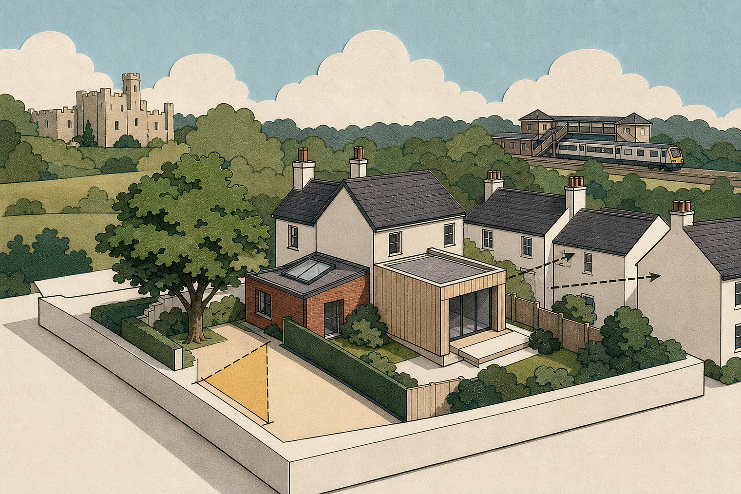 Cut-paper planning illustration for Wokingham, showing extensions, neighbours, access and open land near simplified local landmarks.