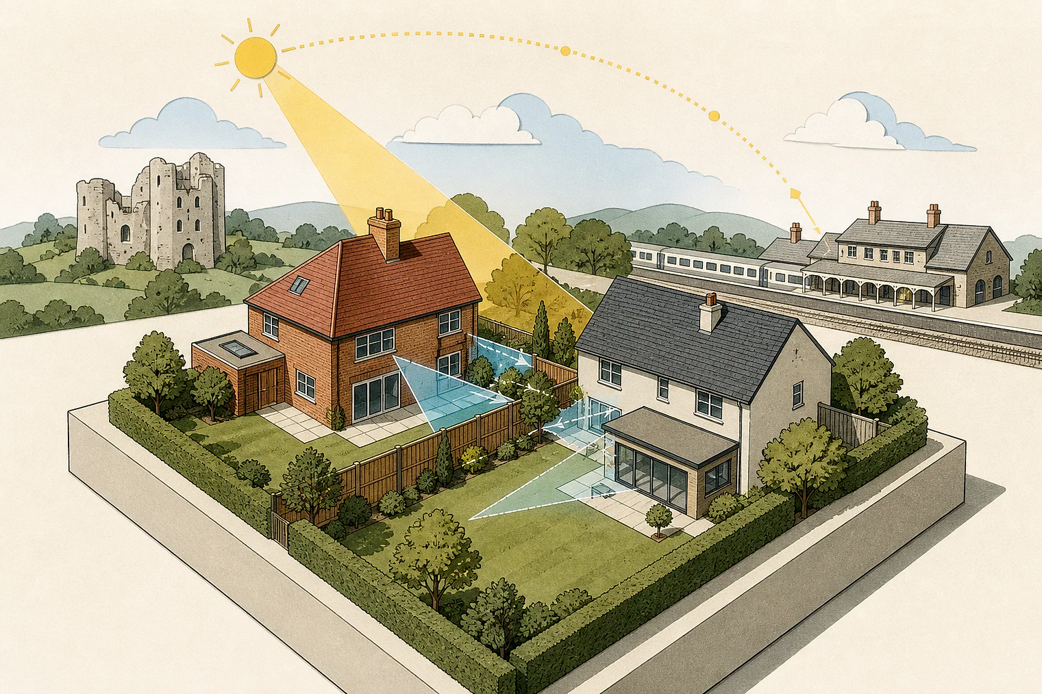 Cut-paper illustration of an imaginary privacy, daylight and neighbour living conditions planning issue in Wokingham, with simplified local landmarks.