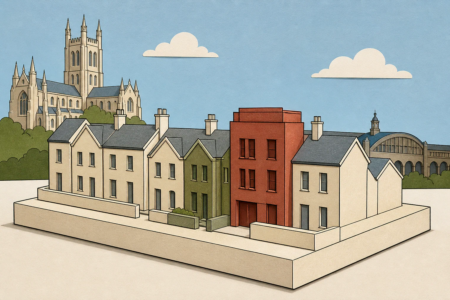 Cut-paper illustration of an imaginary character, scale and appearance planning issue in Worcester, with simplified local landmarks.
