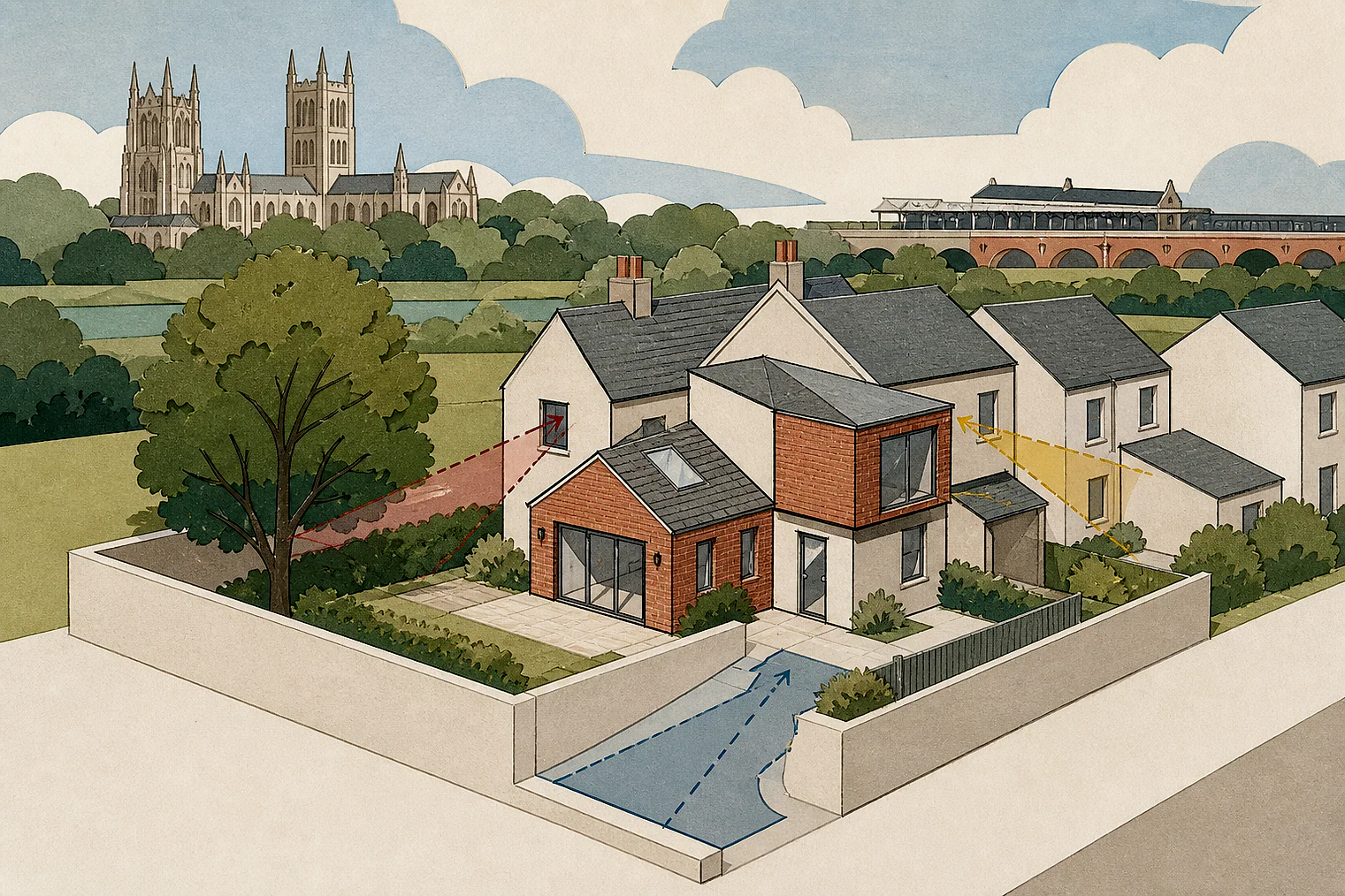 Cut-paper planning illustration for Worcester, showing extensions, neighbours, access and open land near simplified local landmarks.