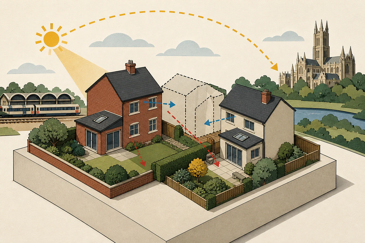 Cut-paper illustration of an imaginary privacy, daylight and neighbour living conditions planning issue in Worcester, with simplified local landmarks.