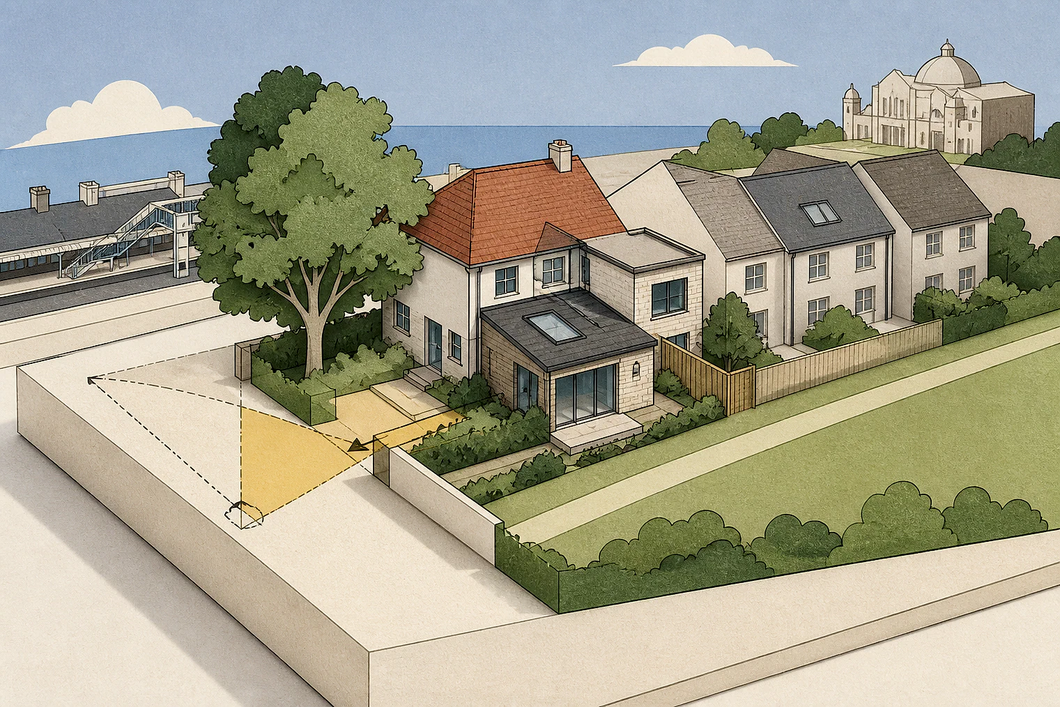 Cut-paper planning illustration for Worthing, showing extensions, neighbours, access and open land near simplified local landmarks.