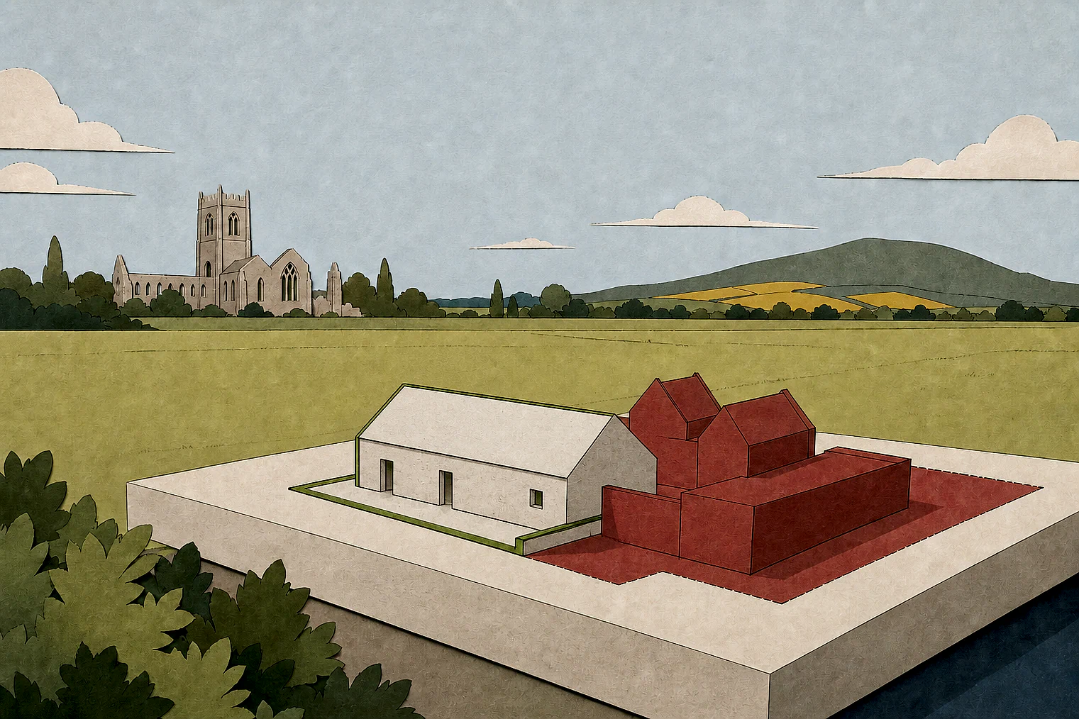 Cut-paper illustration of an imaginary building scale and Green Belt openness planning issue in Wychavon, with simplified local landmarks.