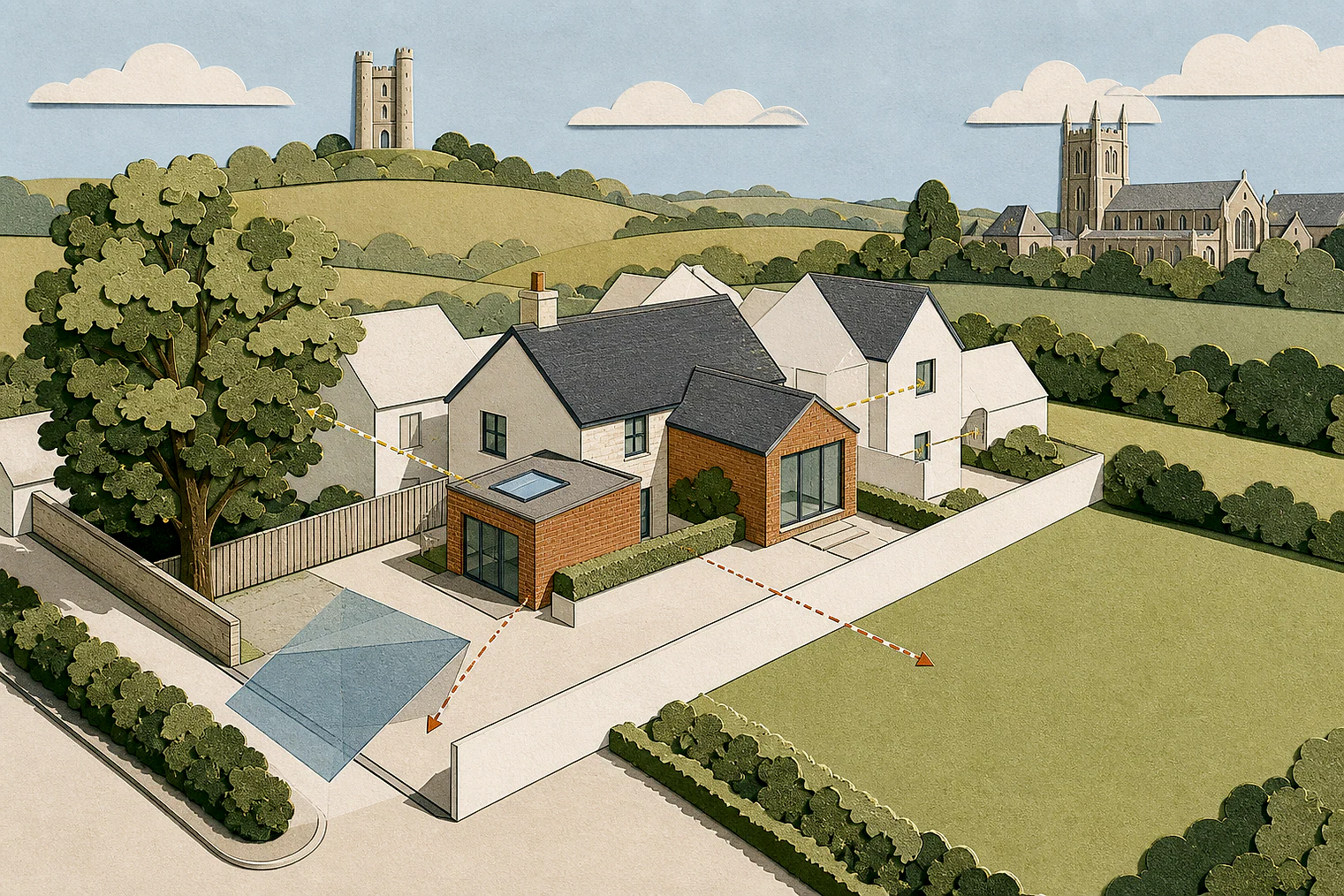 Cut-paper planning illustration for Wychavon, showing extensions, neighbours, access and open land near simplified local landmarks.