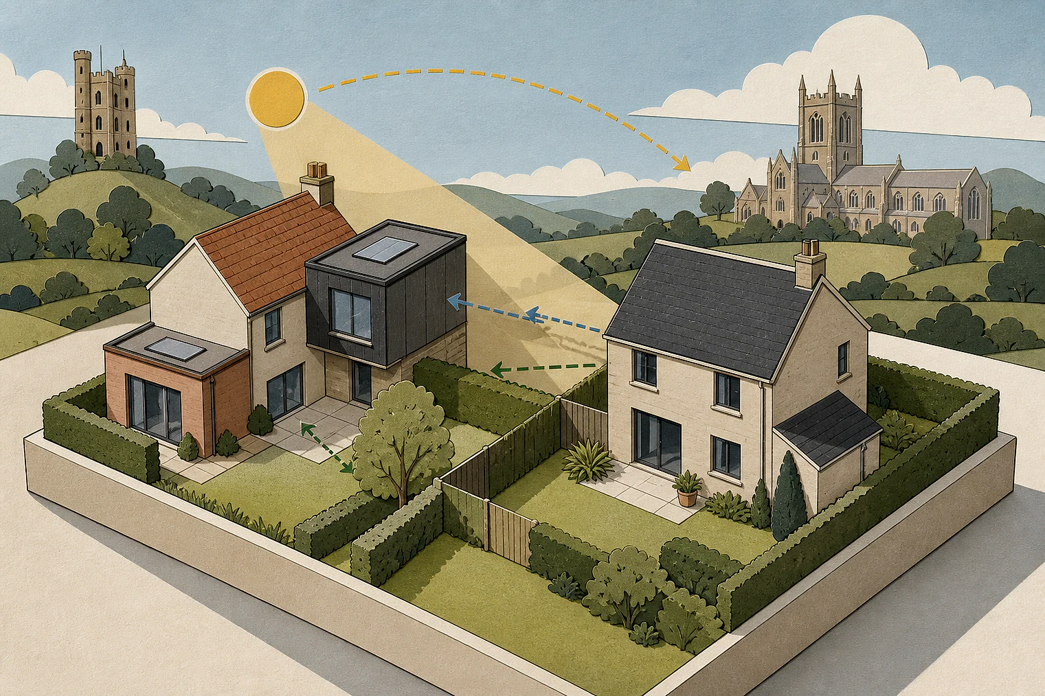 Cut-paper illustration of an imaginary privacy, daylight and neighbour living conditions planning issue in Wychavon, with simplified local landmarks.