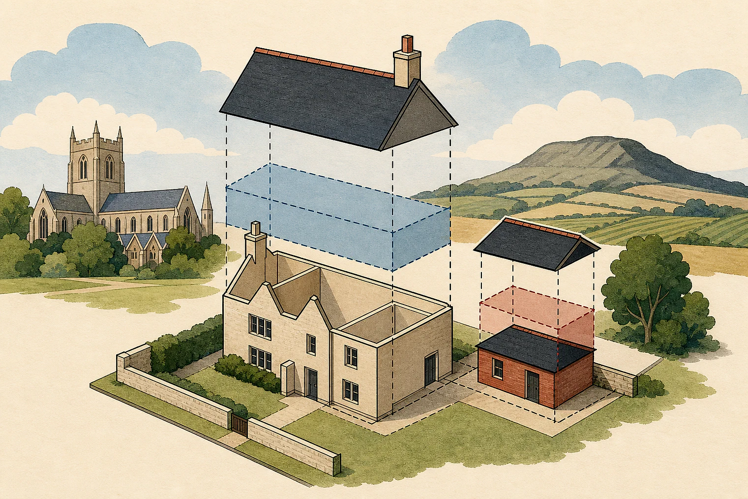Cut-paper illustration of an imaginary permitted development dimensions and building relationships planning issue in Wychavon, with simplified local landmarks.