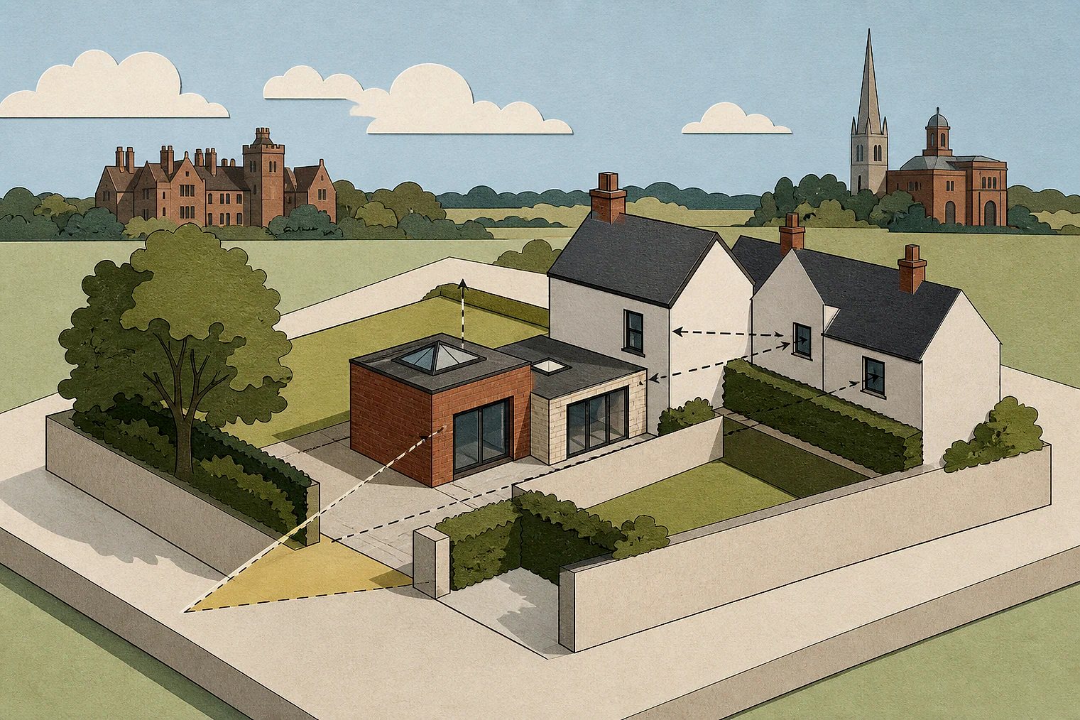 Cut-paper planning illustration for Wyre Forest, showing extensions, neighbours, access and open land near simplified local landmarks.