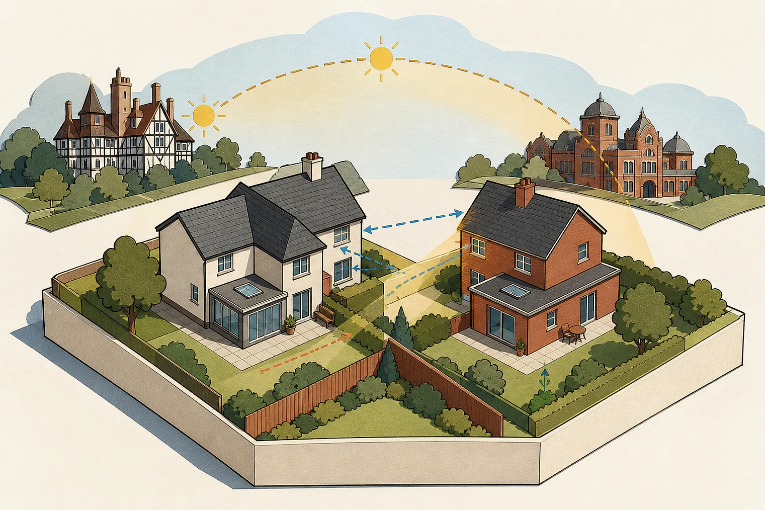 Cut-paper illustration of an imaginary privacy, daylight and neighbour living conditions planning issue in Wyre Forest, with simplified local landmarks.