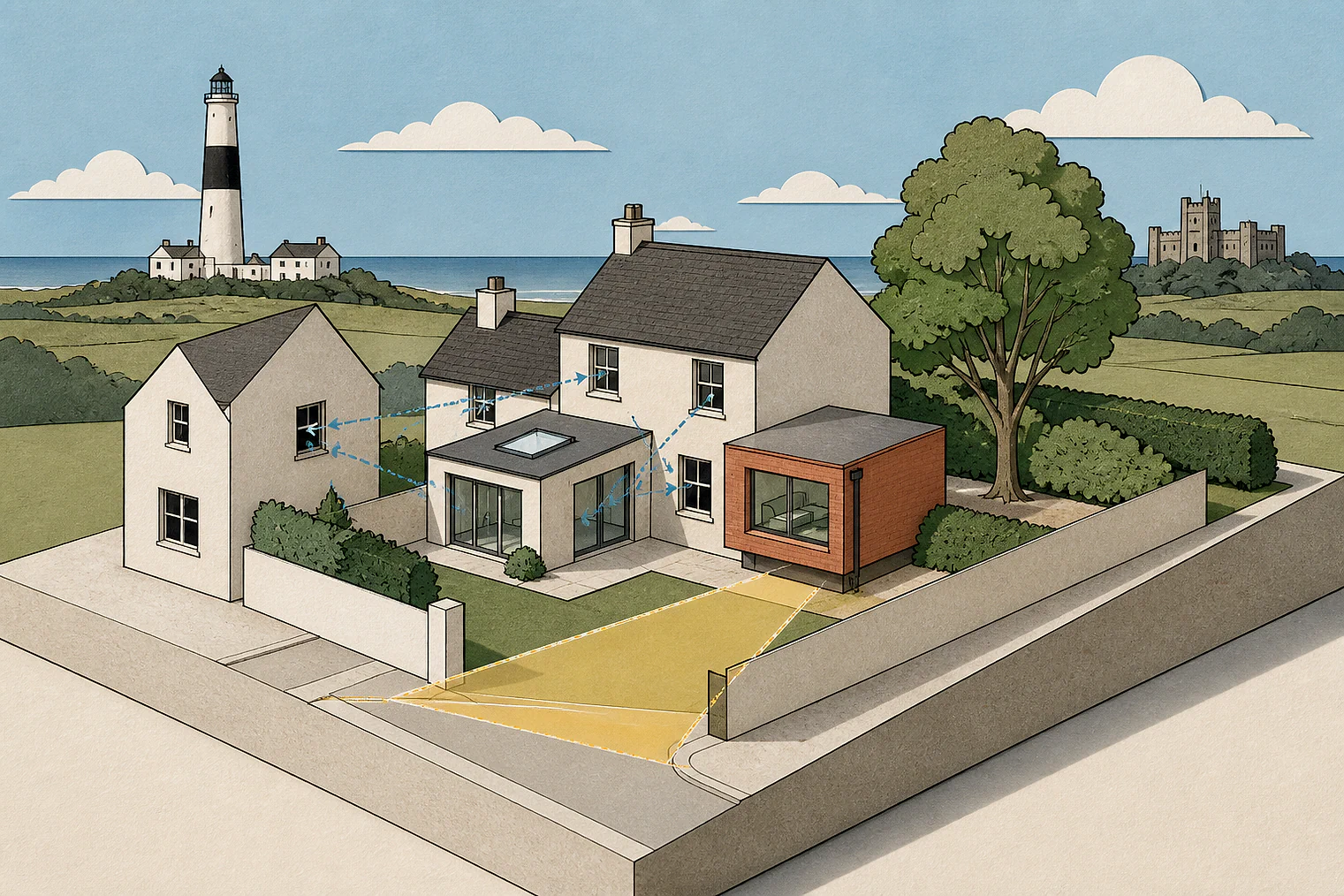 Cut-paper planning illustration for Wyre, showing extensions, neighbours, access and open land near simplified local landmarks.