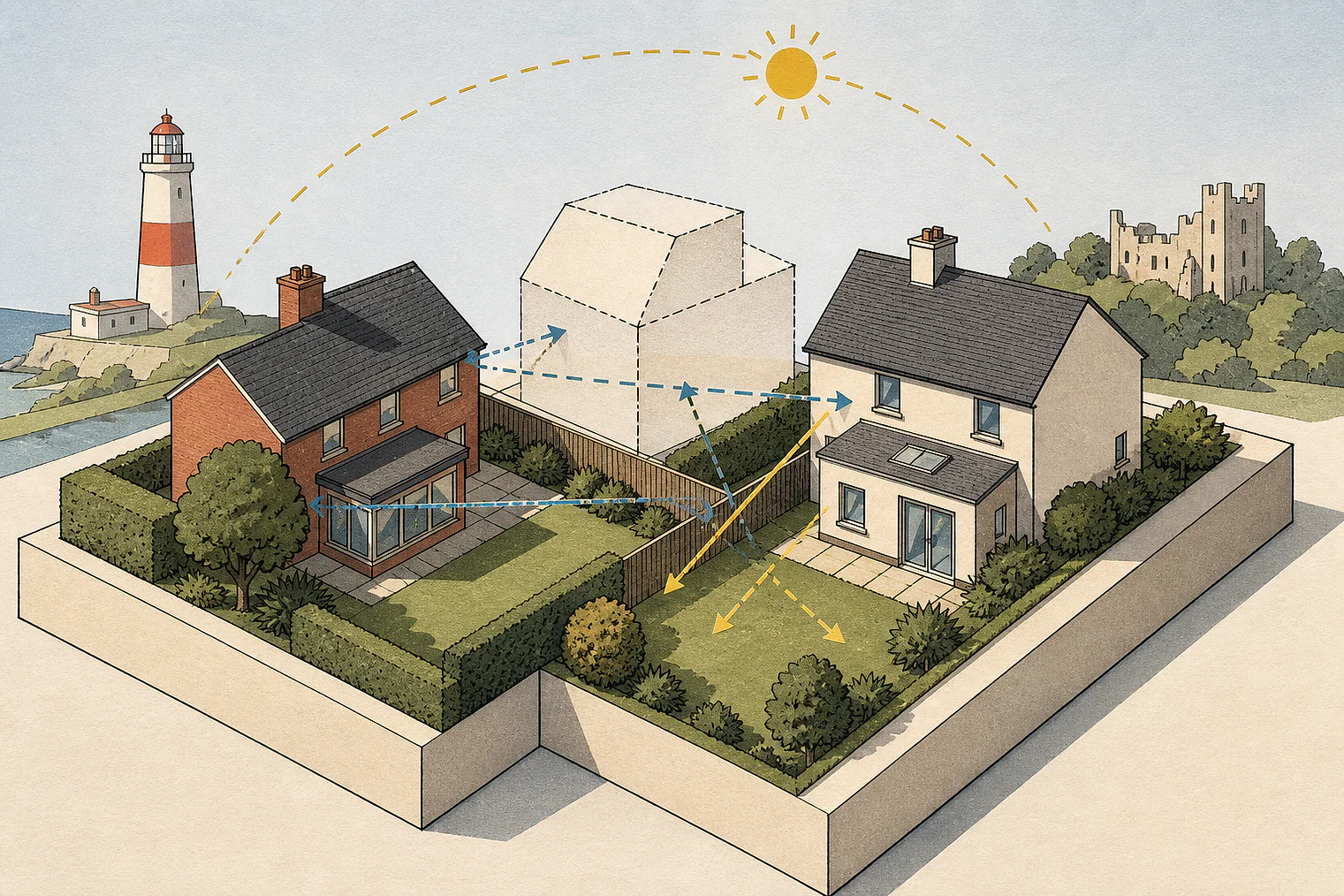 Cut-paper illustration of an imaginary privacy, daylight and neighbour living conditions planning issue in Wyre, with simplified local landmarks.