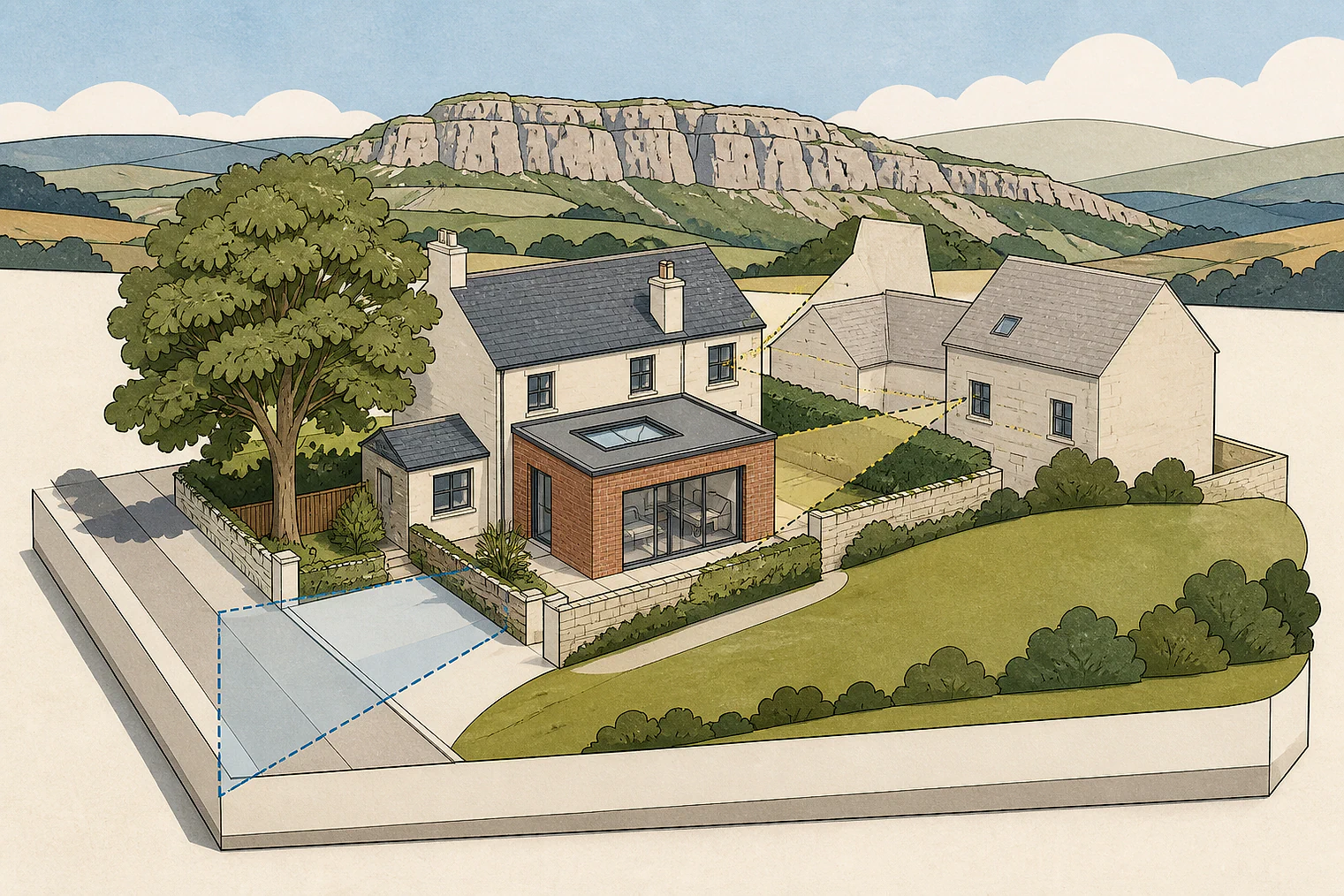 Cut-paper planning illustration for Yorkshire Dales, showing extensions, neighbours, access and open land near simplified local landmarks.